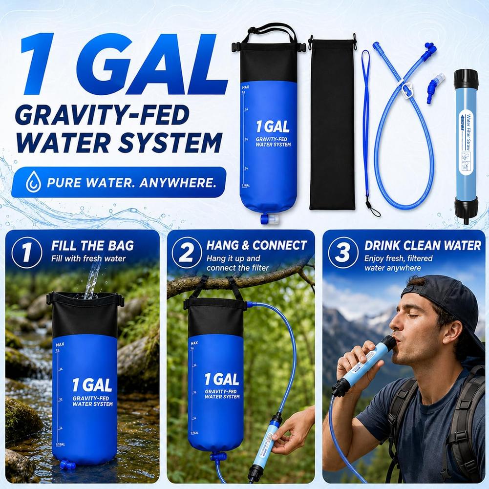 Outdoor Adventure Backpack - 1 Gal Zwaartekracht Waterfilterzak Stroset Camping
